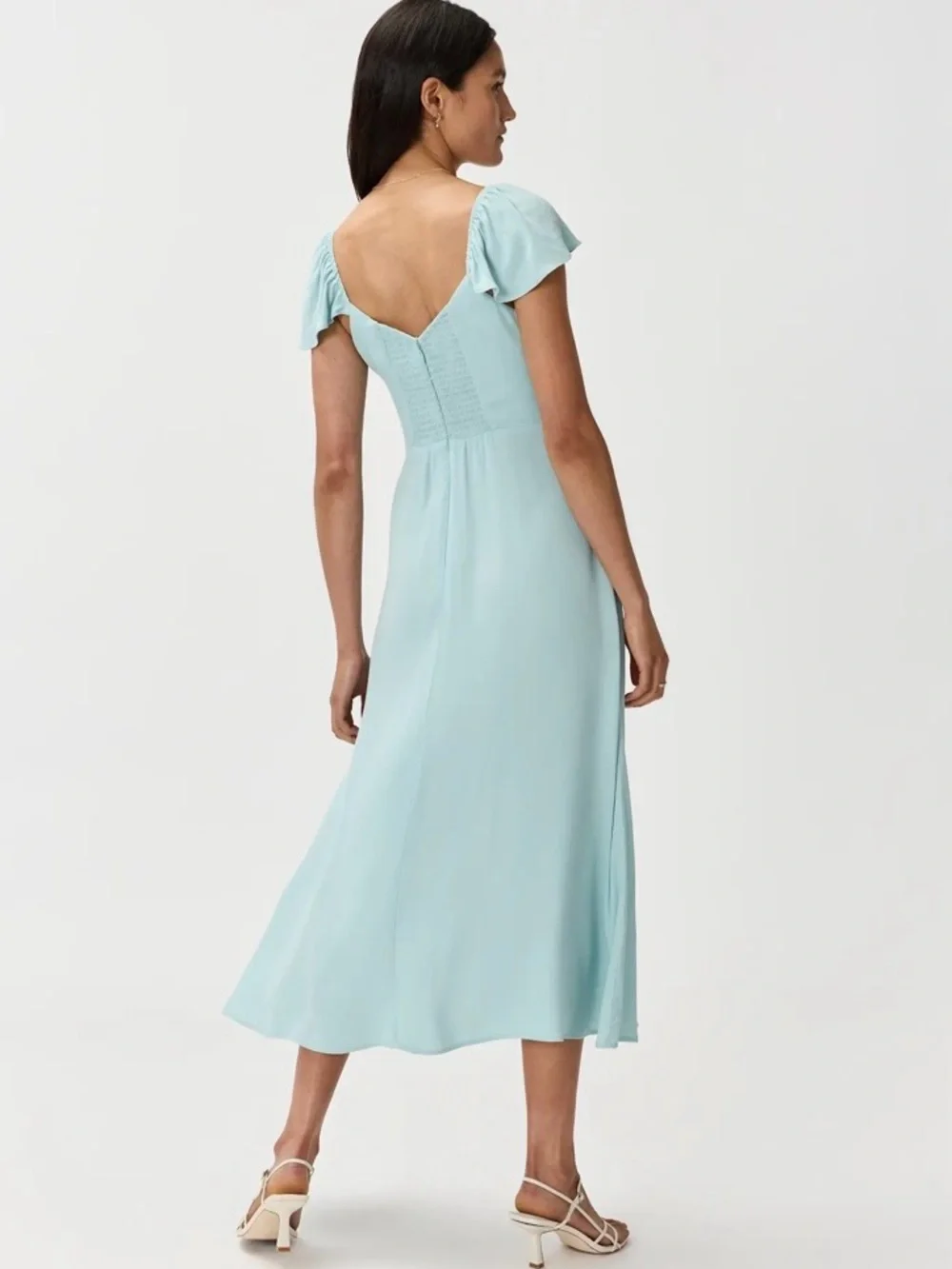 Quince Lightweight Crepe Flutter Sleeve Midi Dress in the shade Aqua Pearl M